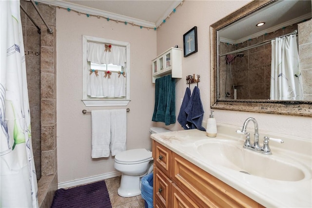 1037 Collingswood Dr, Corpus Christi, TX 78412 - full bathroom with vanity, a tile shower, ornamental molding, and tile patterned flooring