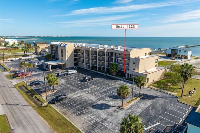 bird's eye view with a water view