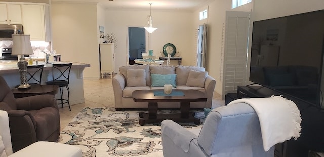 tiled living room with crown molding