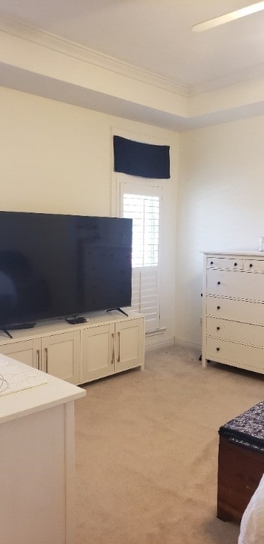 unfurnished living room with light carpet and crown molding