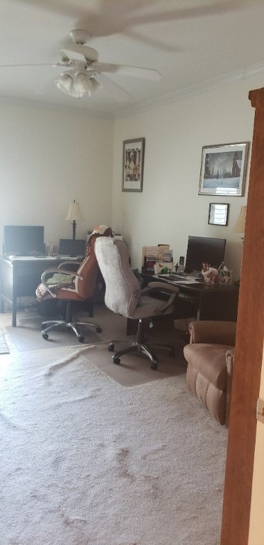 office area featuring carpet flooring, ornamental molding, and ceiling fan