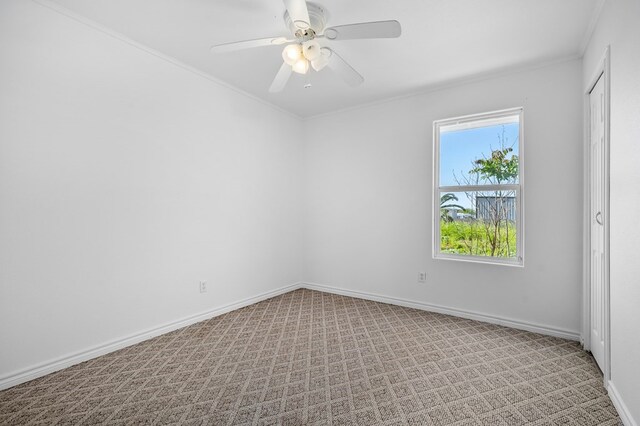 carpeted empty room featuring ornamental molding and ceiling fan