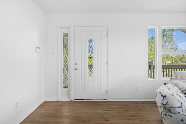 entryway featuring dark hardwood / wood-style floors and crown molding