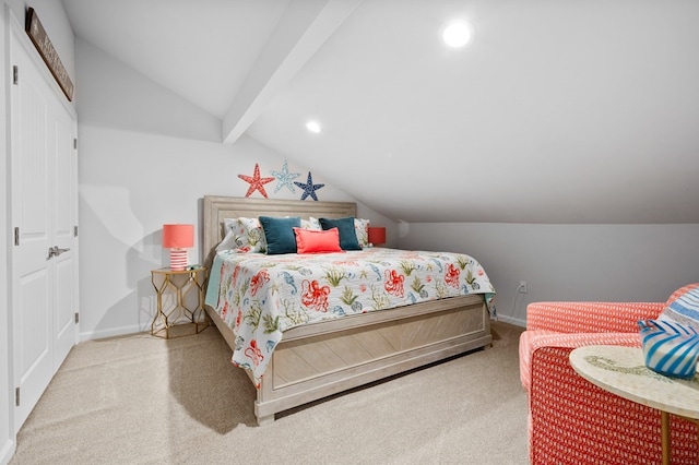 carpeted bedroom with vaulted ceiling with beams