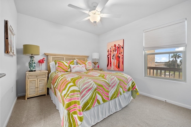 bedroom with ceiling fan and carpet flooring