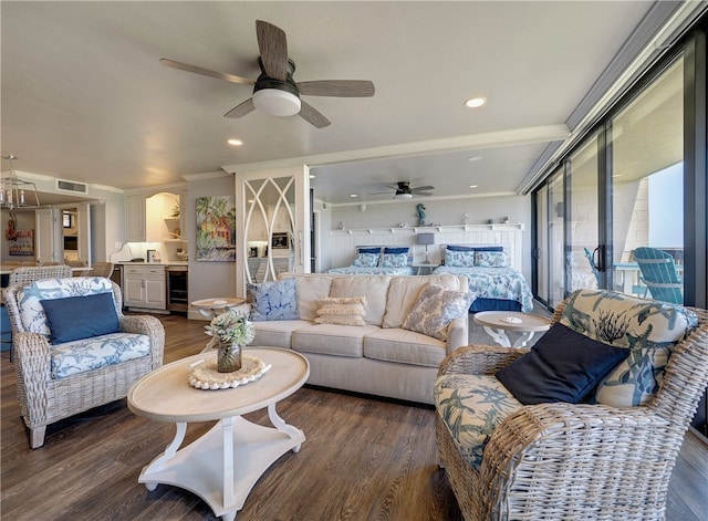 living room featuring ornamental molding, dark hardwood / wood-style flooring, ceiling fan, and wine cooler