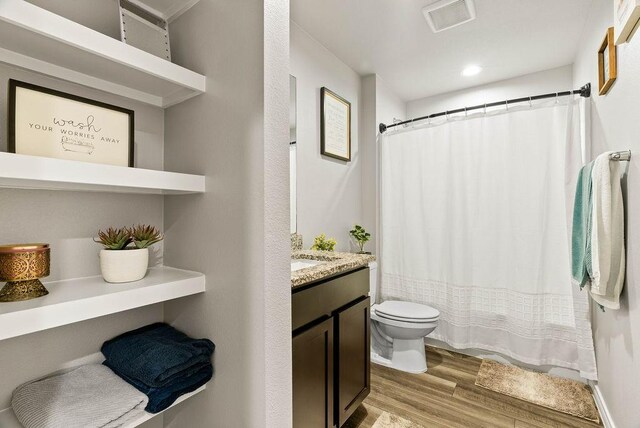 7753 Lariat Toss Dr, Corpus Christi, TX 78414 - bathroom with toilet, wood finished floors, vanity, a shower with shower curtain, and recessed lighting