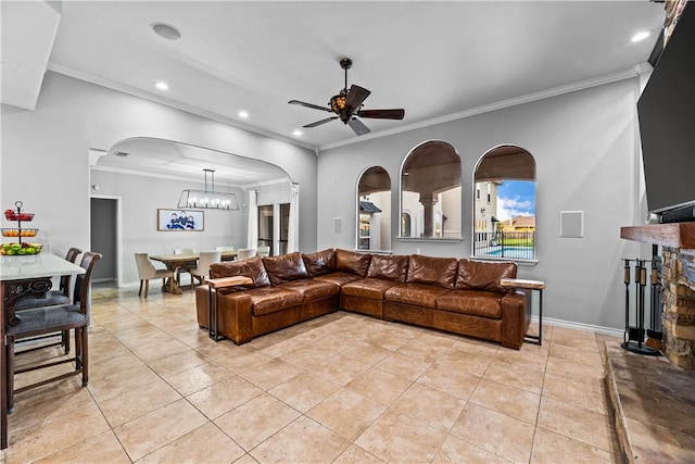 5514 King Trl, Corpus Christi, TX 78414 - living area featuring recessed lighting, arched walkways, ceiling fan, crown molding, and baseboards