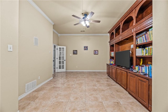 5514 King Trl, Corpus Christi, TX 78414 - living area featuring crown molding, a ceiling fan, light tile patterned flooring, and baseboards