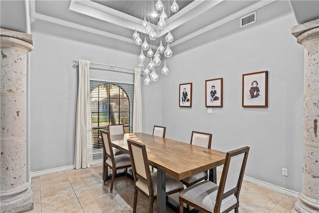 5514 King Trl, Corpus Christi, TX 78414 - dining area with light tile patterned floors, a raised ceiling, decorative columns, ornamental molding, and baseboards