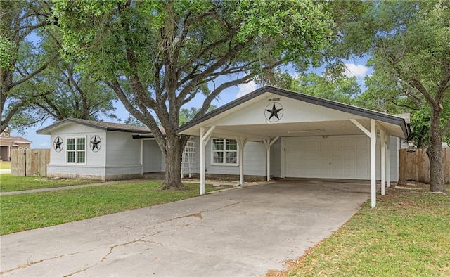 620 E 9th St, Bishop, TX 78343 - ranch-style house featuring fence, a carport, concrete driveway, and a front yard