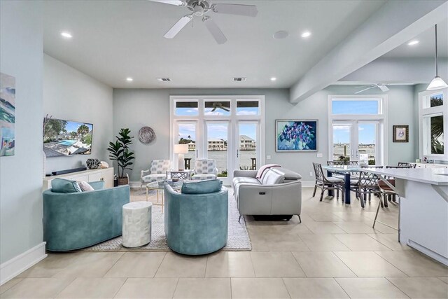 living room with ceiling fan