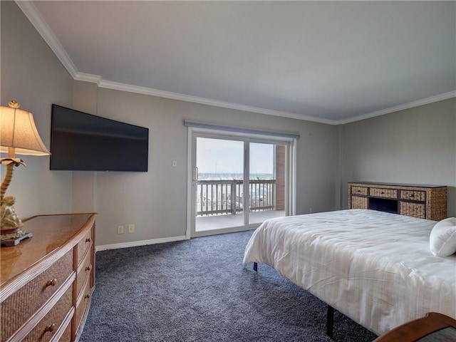 bedroom featuring access to outside, dark carpet, baseboards, and ornamental molding