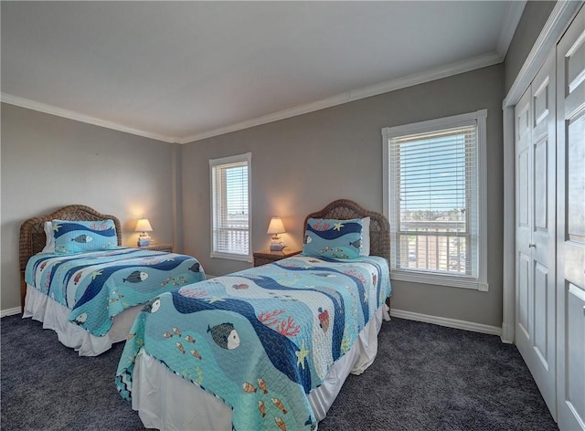 bedroom with baseboards, multiple windows, dark carpet, and ornamental molding