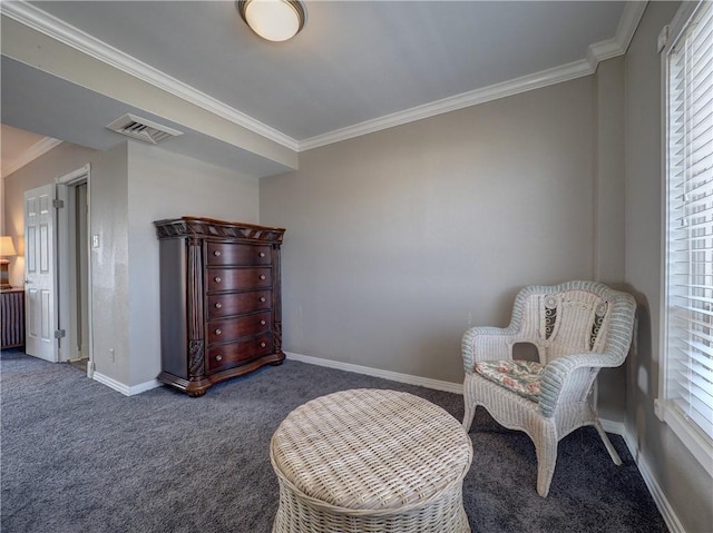 living area featuring baseboards, visible vents, dark carpet, and crown molding