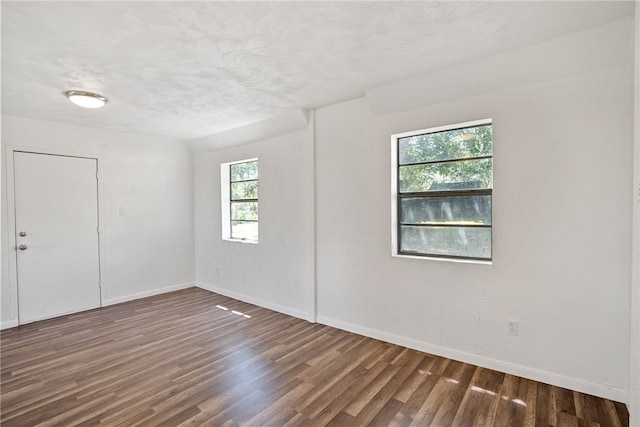 spare room with a textured ceiling, a wealth of natural light, and dark hardwood / wood-style floors