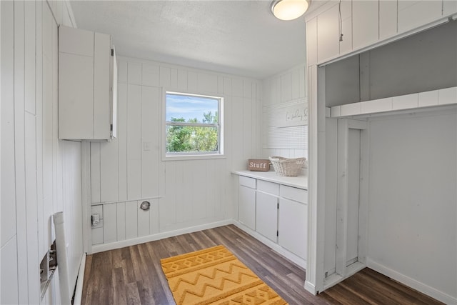 laundry area featuring dark hardwood / wood-style flooring, wooden walls, and a textured ceiling