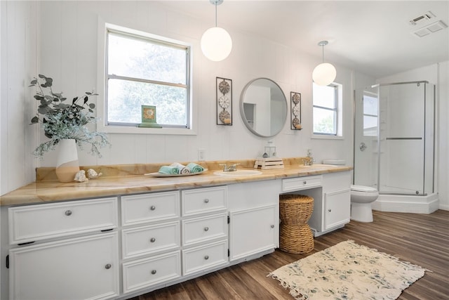 bathroom featuring vanity, wood-type flooring, plenty of natural light, and an enclosed shower