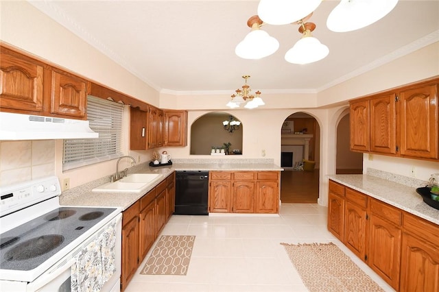 kitchen featuring white electric range, under cabinet range hood, a sink, black dishwasher, and arched walkways