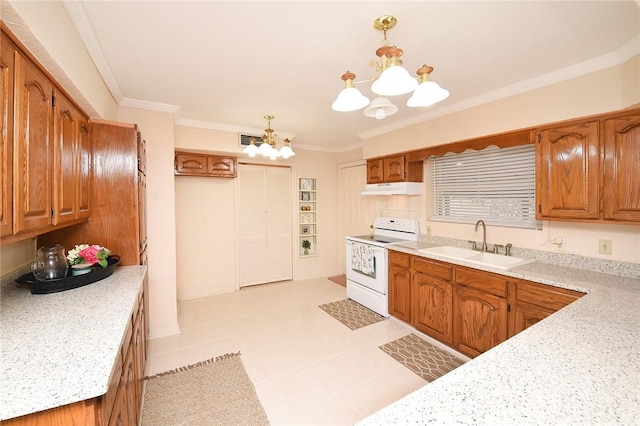 kitchen featuring a chandelier, under cabinet range hood, brown cabinets, white electric stove, and a sink