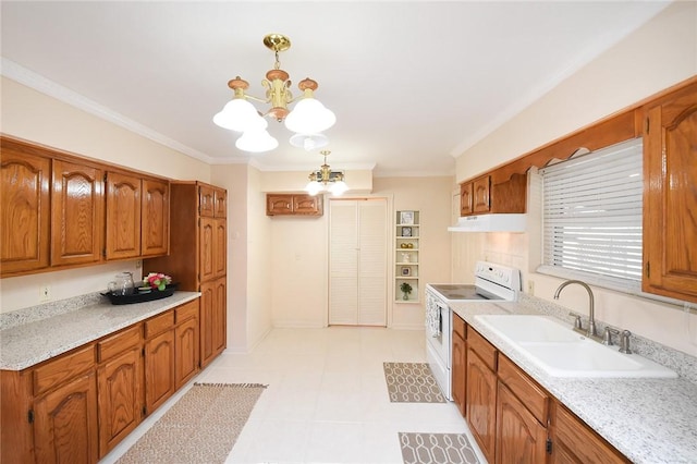 kitchen featuring crown molding, light countertops, a notable chandelier, white electric stove, and a sink