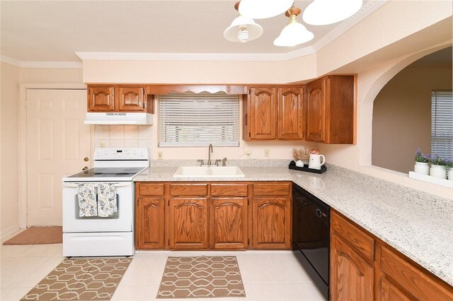 kitchen featuring crown molding, under cabinet range hood, dishwasher, electric stove, and a sink