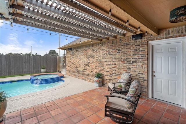 view of swimming pool with an in ground hot tub, a pergola, and a patio