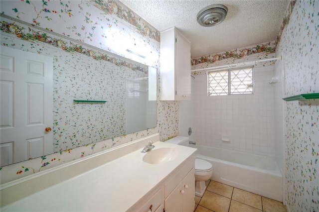 1601 Spicewood Dr, Corpus Christi, TX 78412 - bathroom with wallpapered walls, tile patterned floors, vanity, a textured ceiling, and bathtub / shower combination