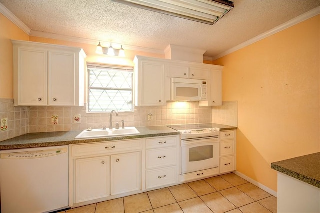 1601 Spicewood Dr, Corpus Christi, TX 78412 - kitchen featuring white appliances, backsplash, ornamental molding, white cabinetry, and a textured ceiling