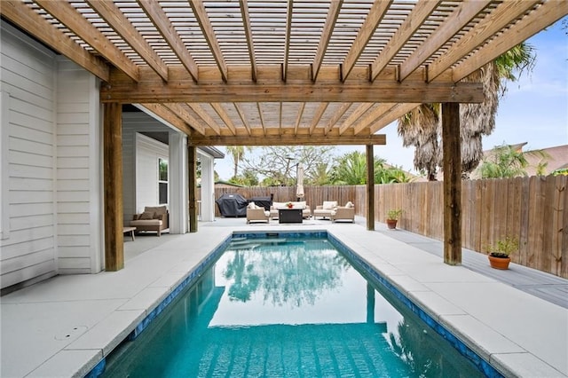 view of swimming pool featuring a fenced in pool, an outdoor hangout area, a fenced backyard, and a patio area