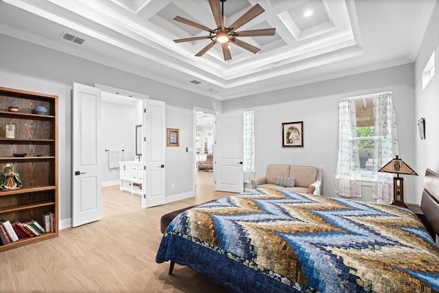 bedroom with light wood-style floors, beamed ceiling, visible vents, ornamental molding, and coffered ceiling
