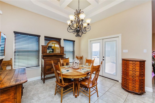 dining room featuring baseboards, a chandelier, beam ceiling, french doors, and coffered ceiling