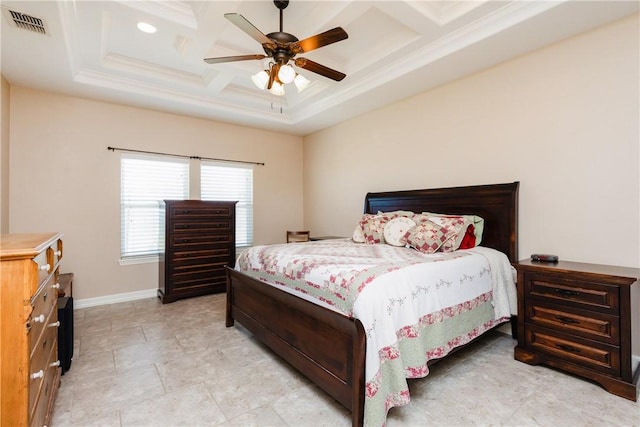 bedroom featuring visible vents, baseboards, coffered ceiling, and crown molding