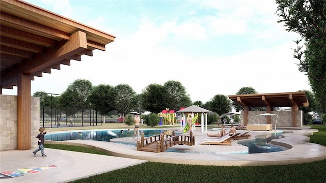 view of play area with an outdoor pool, a patio, and fence