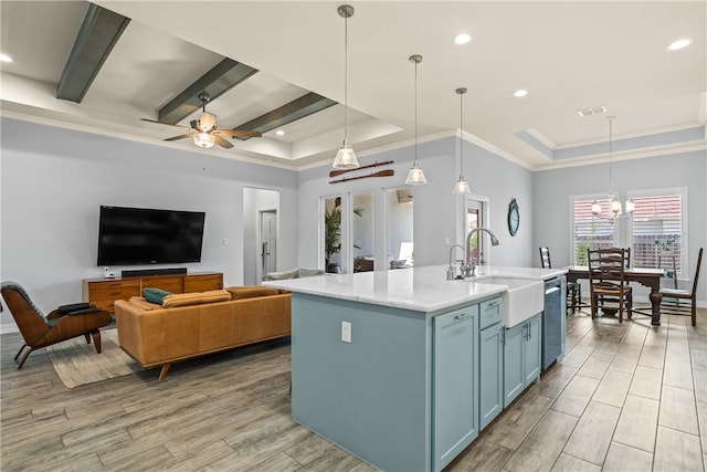 kitchen featuring light wood finished floors, a sink, blue cabinetry, and a tray ceiling