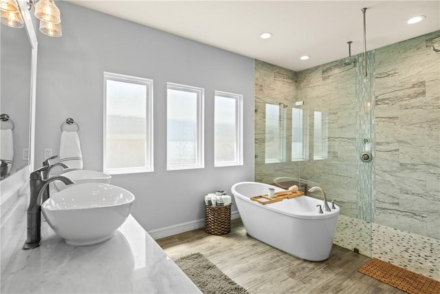 bathroom featuring a walk in shower, wood finished floors, and a sink