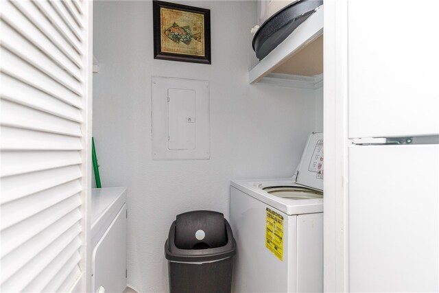 laundry area with electric panel and washer / clothes dryer