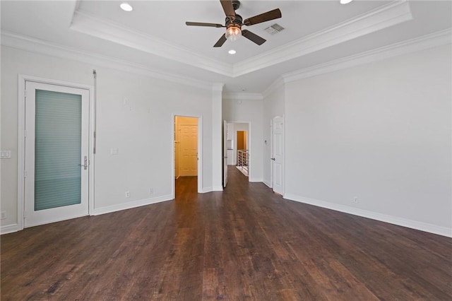 10 Kingfisher Ln, Rockport, TX 78382 - empty room with a tray ceiling, ceiling fan, dark wood-style floors, crown molding, and recessed lighting