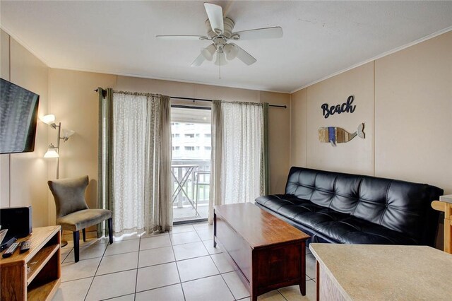 3938 Surfside Blvd Unit 3114, Corpus Christi, TX 78402 - living room featuring ceiling fan, light tile patterned flooring, and crown molding