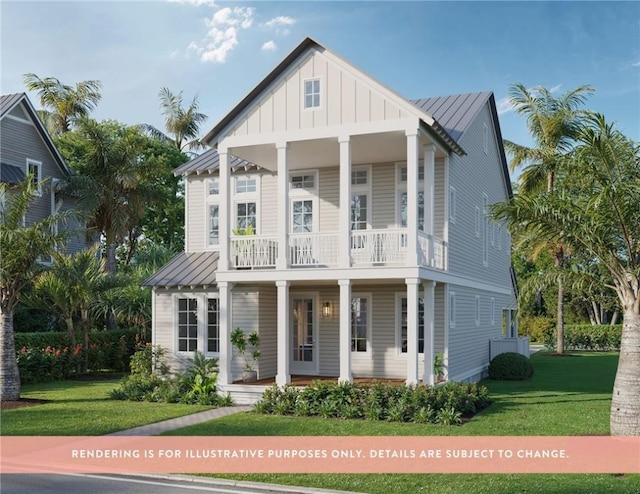 205 S Shore Dr, Port Aransas, TX 78373 - view of front facade with a porch, a front lawn, a standing seam roof, and metal roof