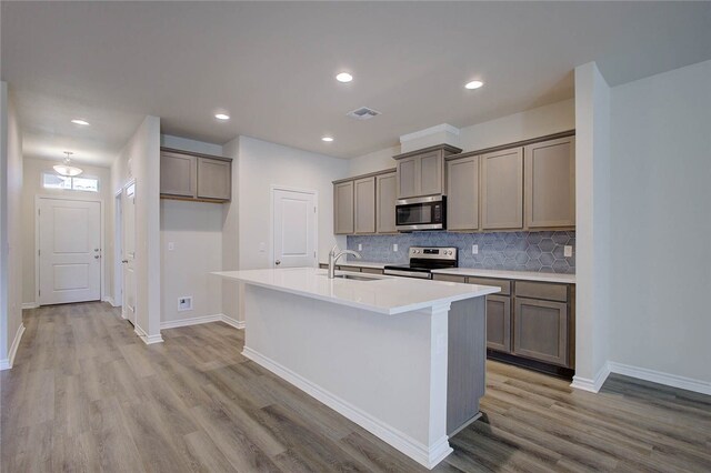 kitchen featuring decorative backsplash, stainless steel appliances, sink, light hardwood / wood-style floors, and an island with sink