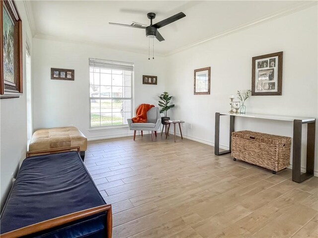 2418 Mystic Star Dr, Corpus Christi, TX 78414 - sitting room featuring ornamental molding, light wood-style floors, ceiling fan, and baseboards