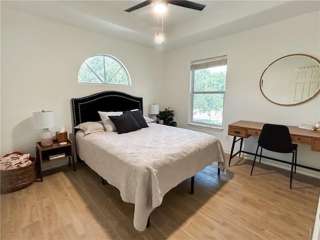 2418 Mystic Star Dr, Corpus Christi, TX 78414 - bedroom featuring light wood-type flooring, multiple windows, an office area, and a ceiling fan