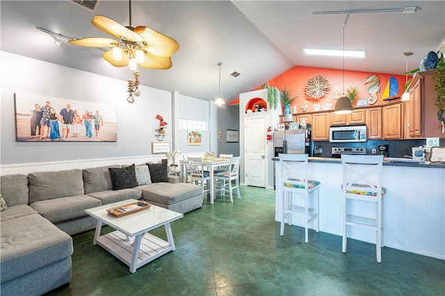 living room with ceiling fan and high vaulted ceiling