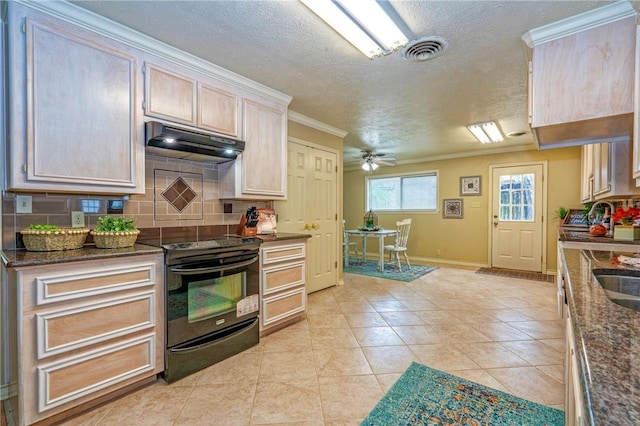 kitchen with black electric range oven, crown molding, decorative backsplash, under cabinet range hood, and visible vents