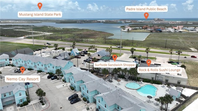 15109 Dory Dr, Corpus Christi, TX 78418 - bird's eye view of a nearby body of water and a pool area