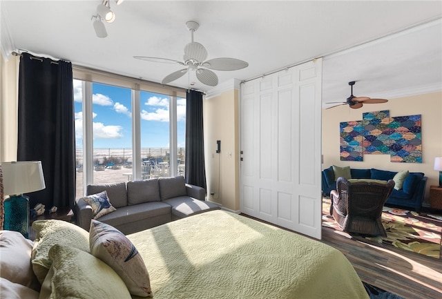 bedroom featuring expansive windows, ceiling fan, crown molding, wood-type flooring, and a closet