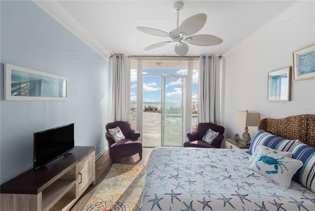 bedroom with hardwood / wood-style flooring, ceiling fan, access to exterior, and ornamental molding