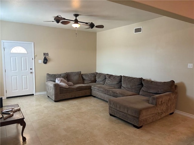 915 Flour Bluff Dr, Corpus Christi, TX 78418 - living area featuring ceiling fan, baseboards, and light tile patterned floors