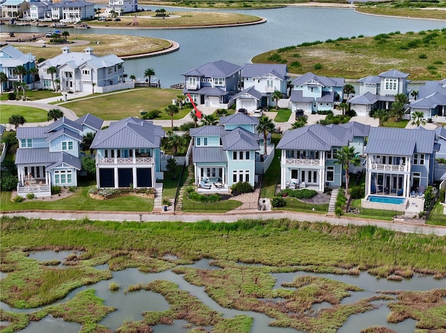 aerial view featuring a water view